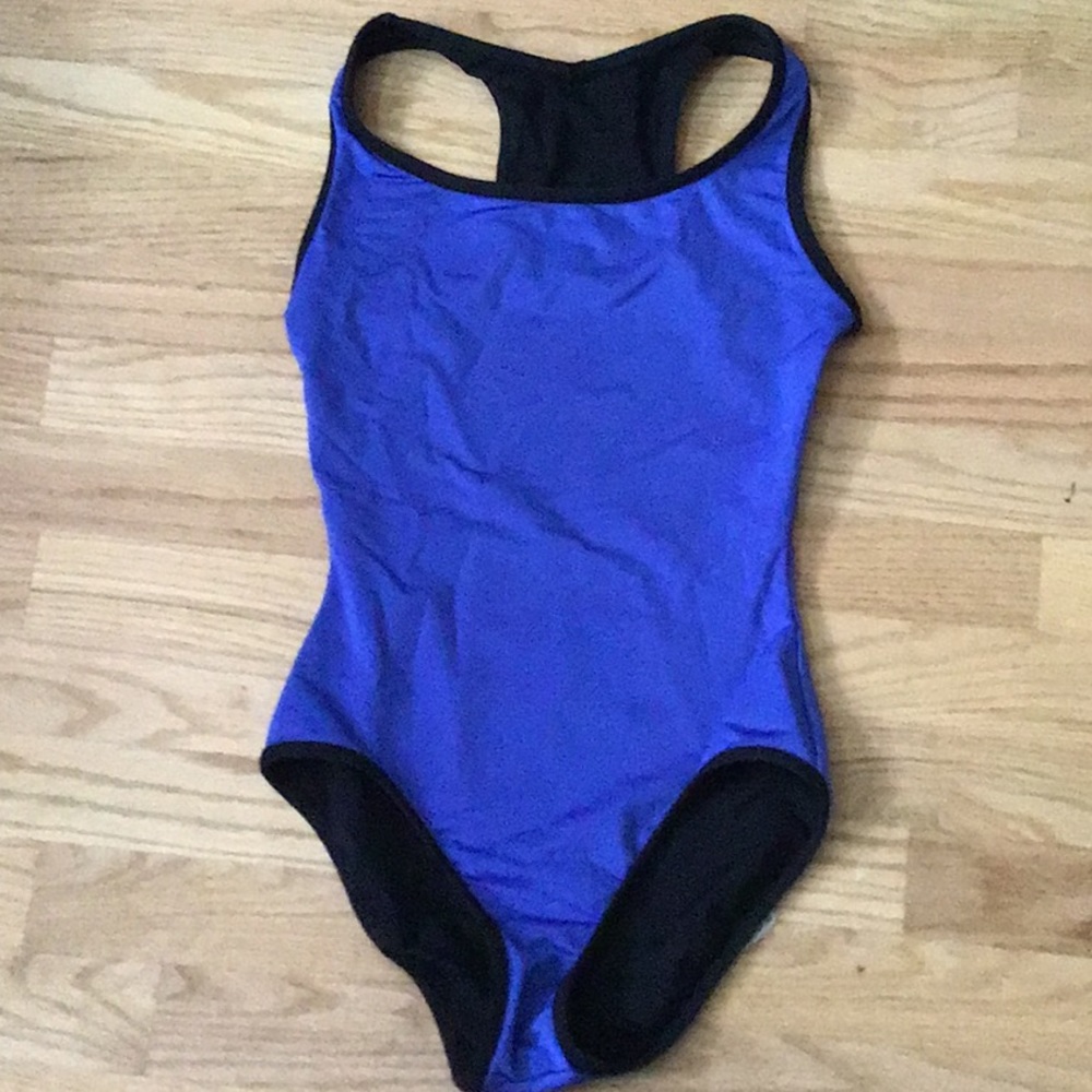 Reversible blue/black racerback leotard by Mariia
